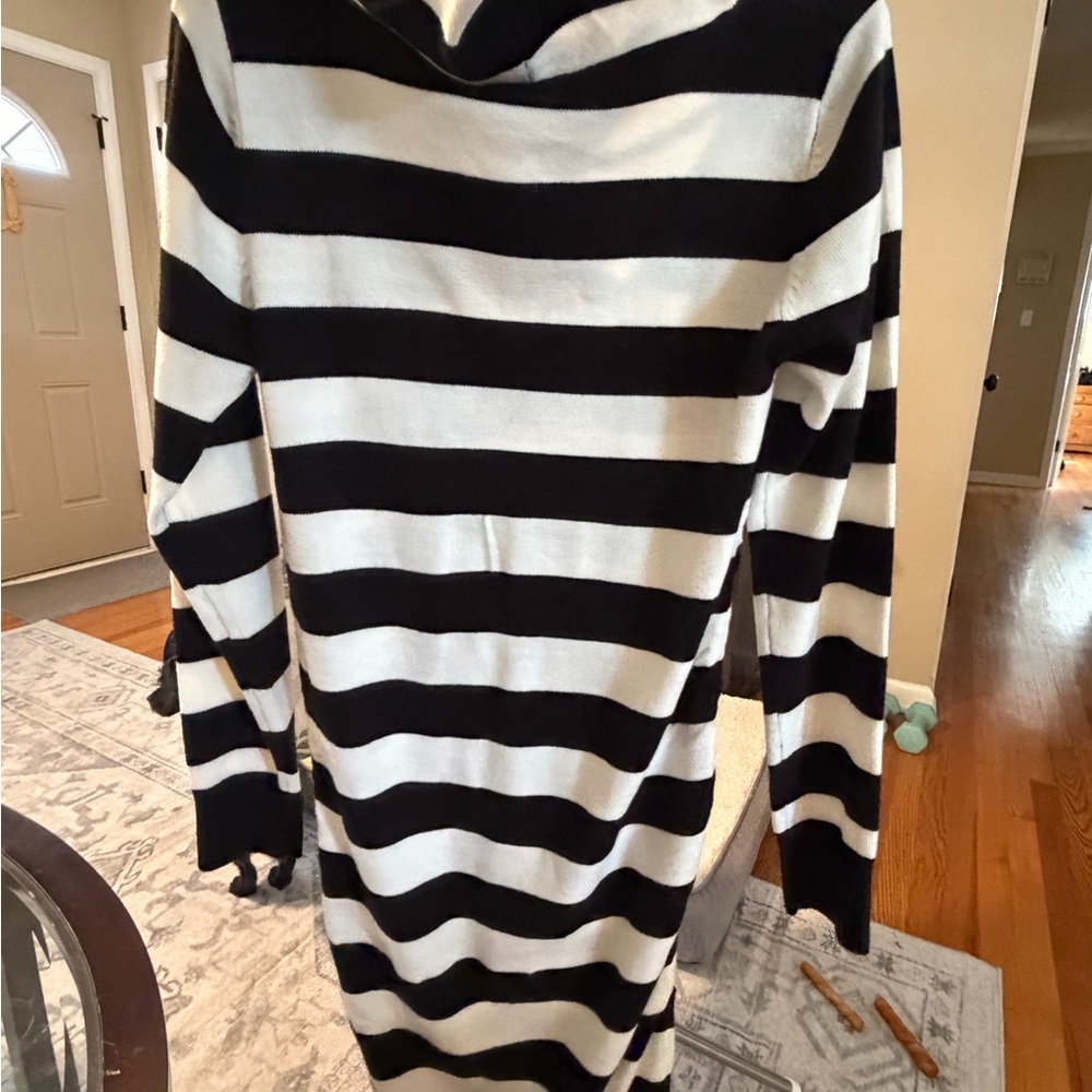 Yoki Black and White Striped V-Neck Sweater Dress